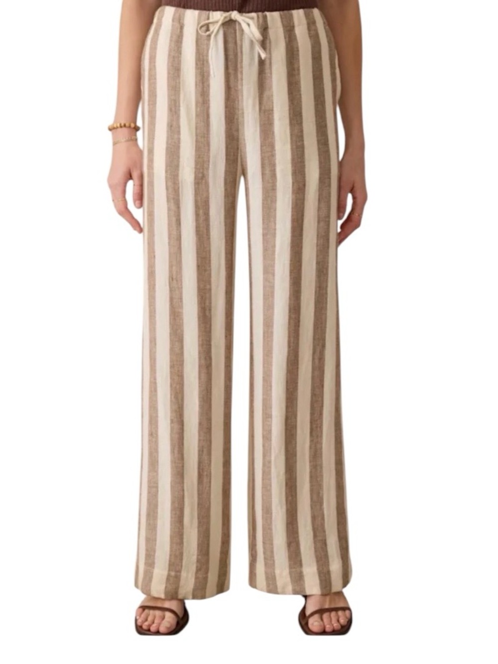 FAHERTY Palma Linen Drawstring Pant Cream/Brown Stripes Wide Leg  Size S